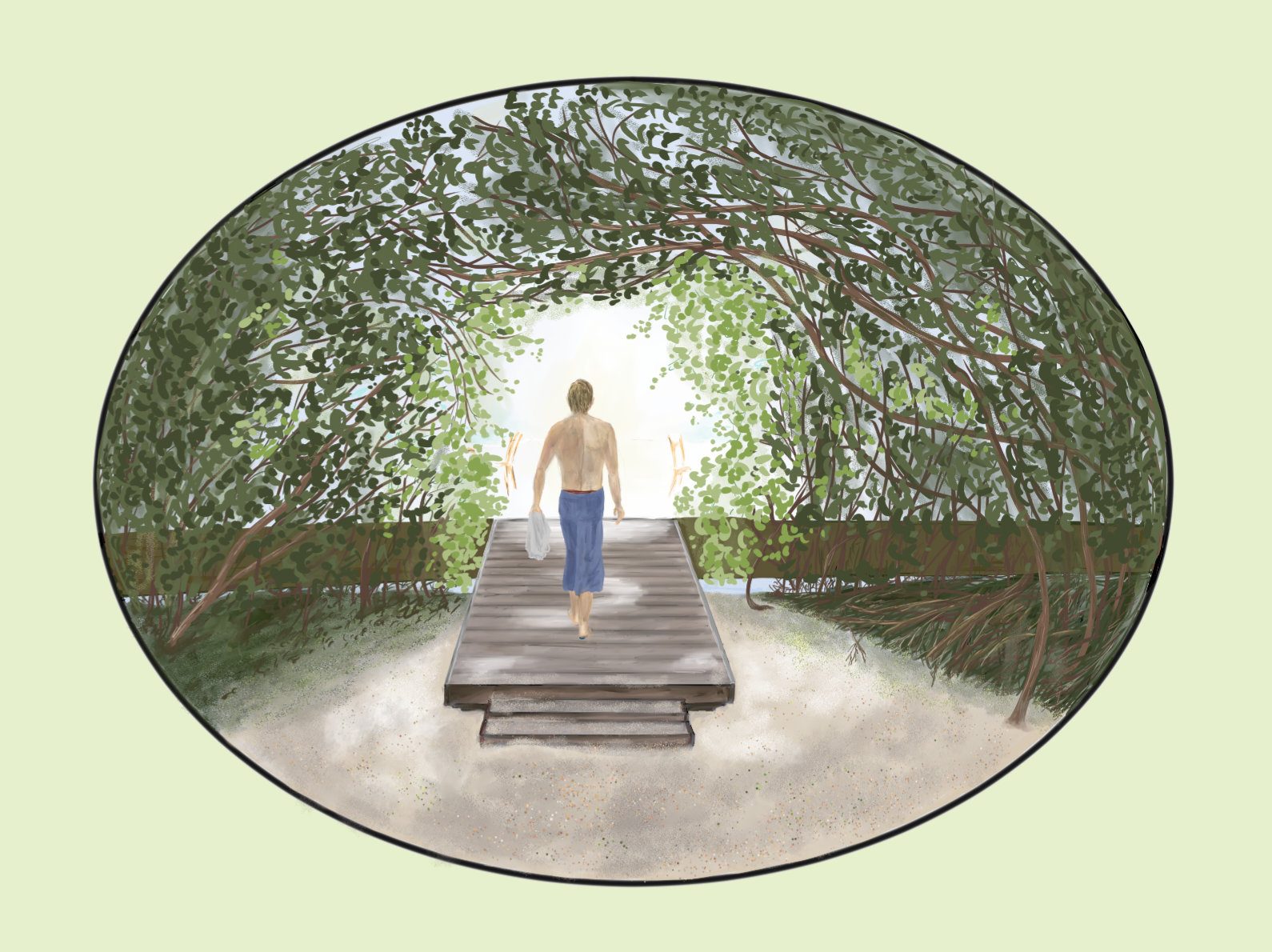 Steg zum Meer durch Dickicht
Mann läuft zum Licht
(selbst gemalt)